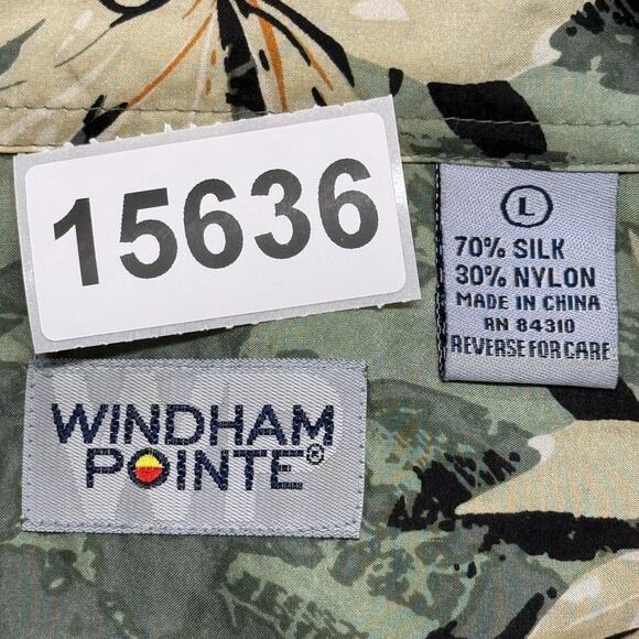 Windham Pointe Shirt Mens Large Green Tan Hawaiian Floral Silk Blend Beachy - Picture 8 of 8